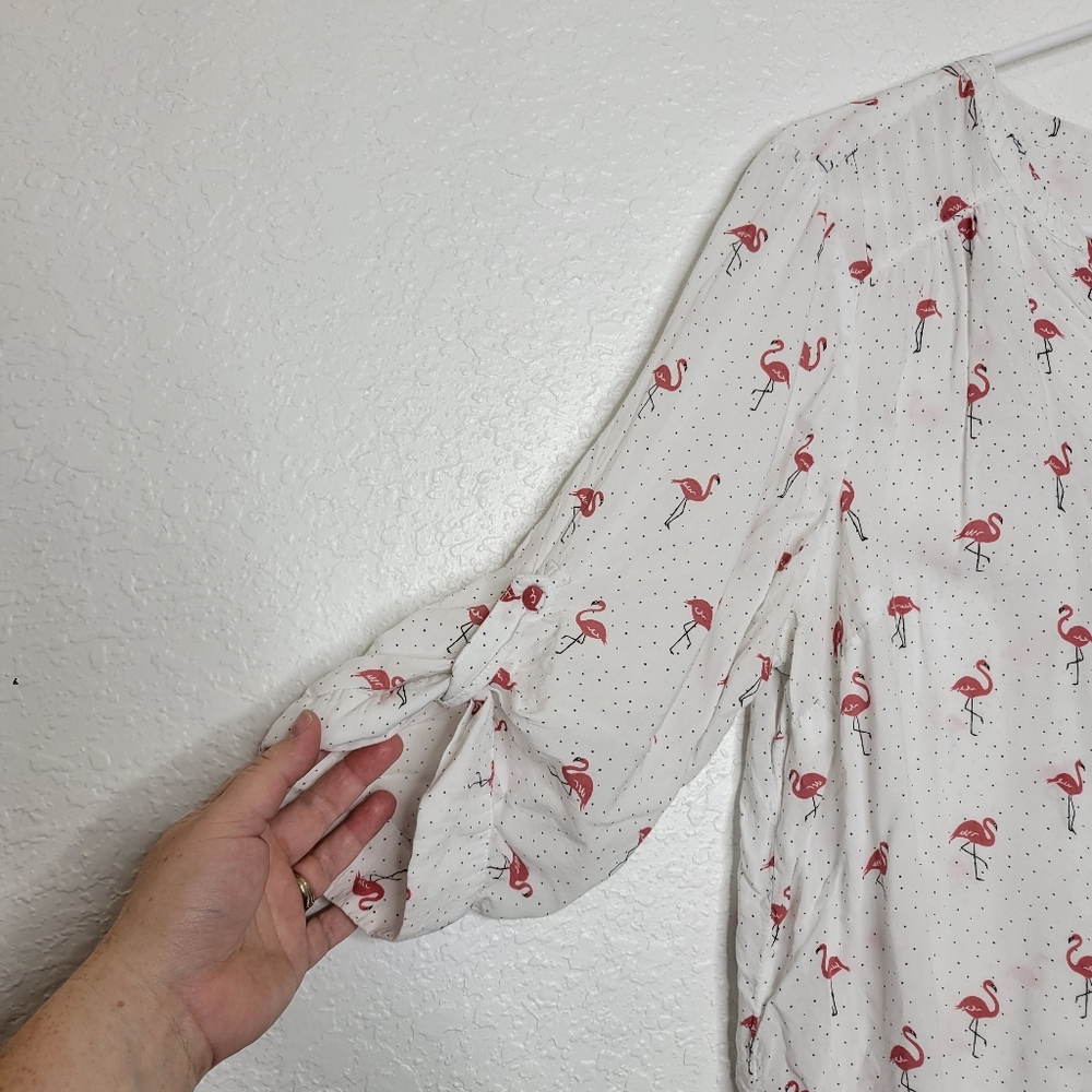 Torrid 2X White Flamingo Print Harper Challis Button Front 3/4 Sleeve Blouse - Picture 6 of 10